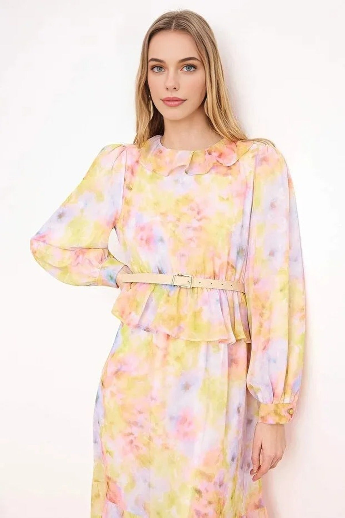 Silk Chiffon Floral Woven Dress with Belt Detail