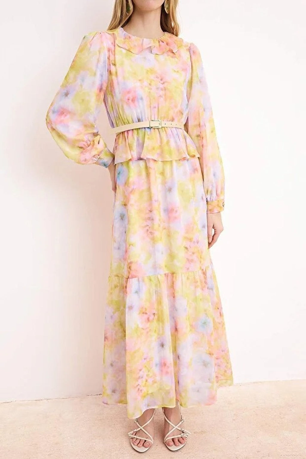 Silk Chiffon Floral Woven Dress with Belt Detail
