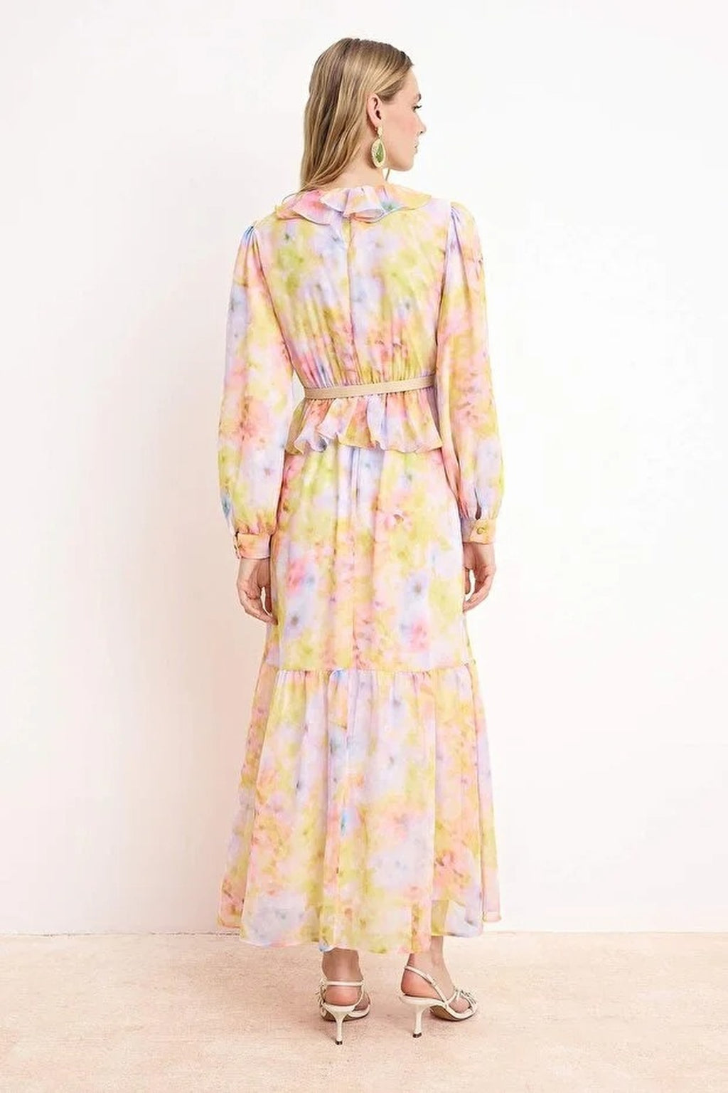 Silk Chiffon Floral Woven Dress with Belt Detail