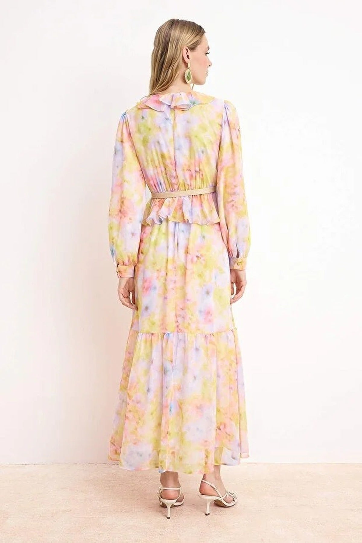 Silk Chiffon Floral Woven Dress with Belt Detail
