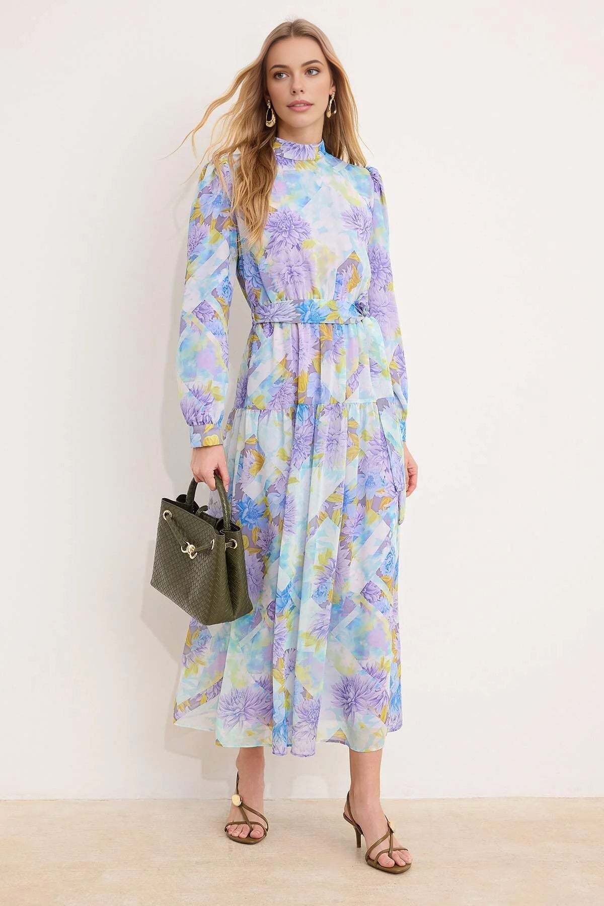Belted Lined Floral Woven Chiffon Dress