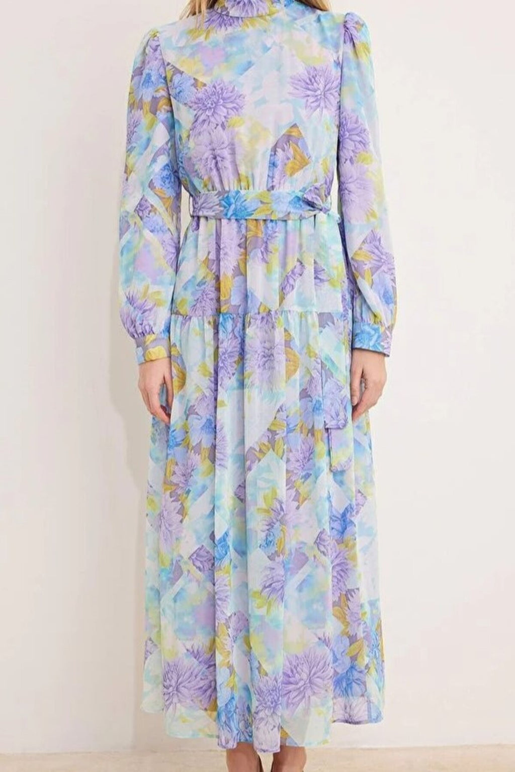 Belted Lined Floral Woven Chiffon Dress