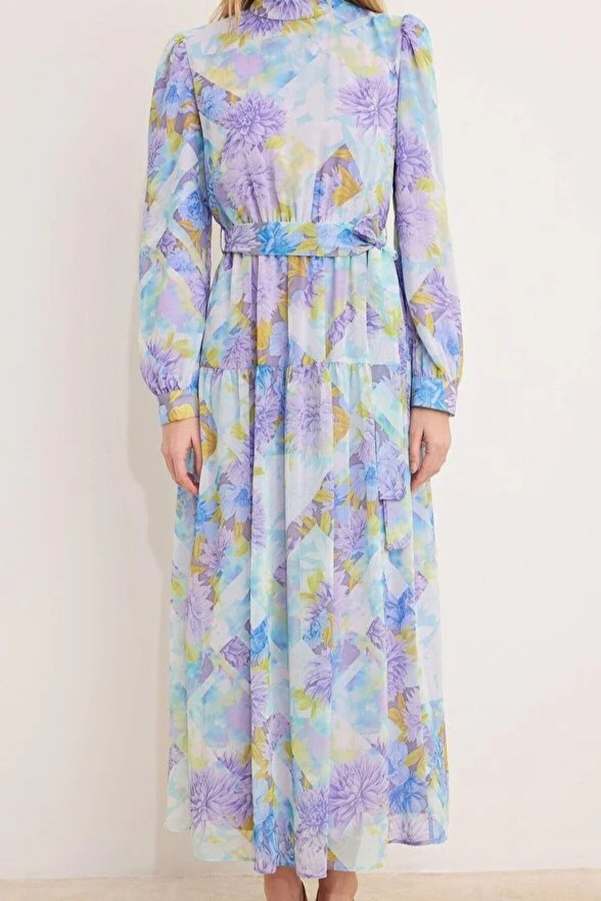 Belted Lined Floral Woven Chiffon Dress