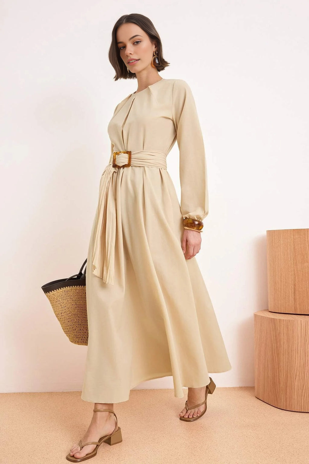 Unlined Pleated Belt Buckle Detail Woven Dress