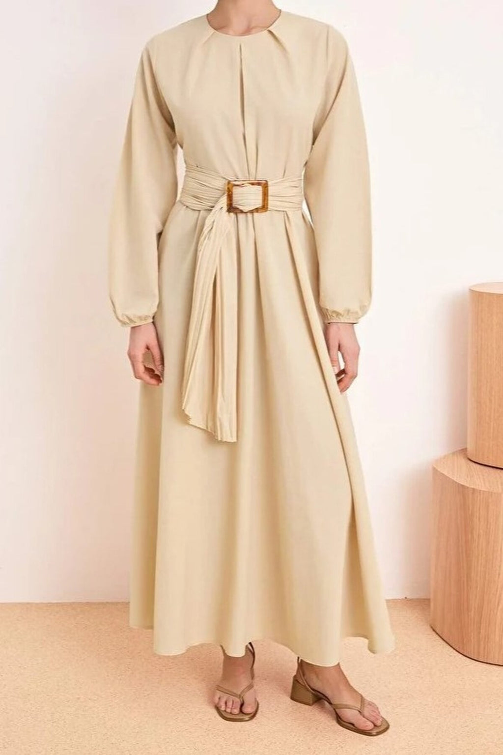 Unlined Pleated Belt Buckle Detail Woven Dress