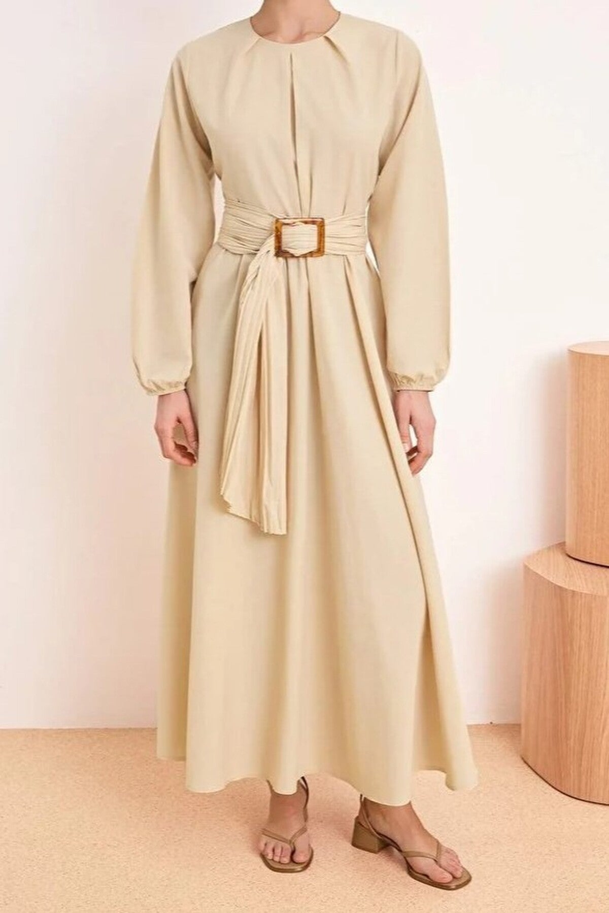 Unlined Pleated Belt Buckle Detail Woven Dress