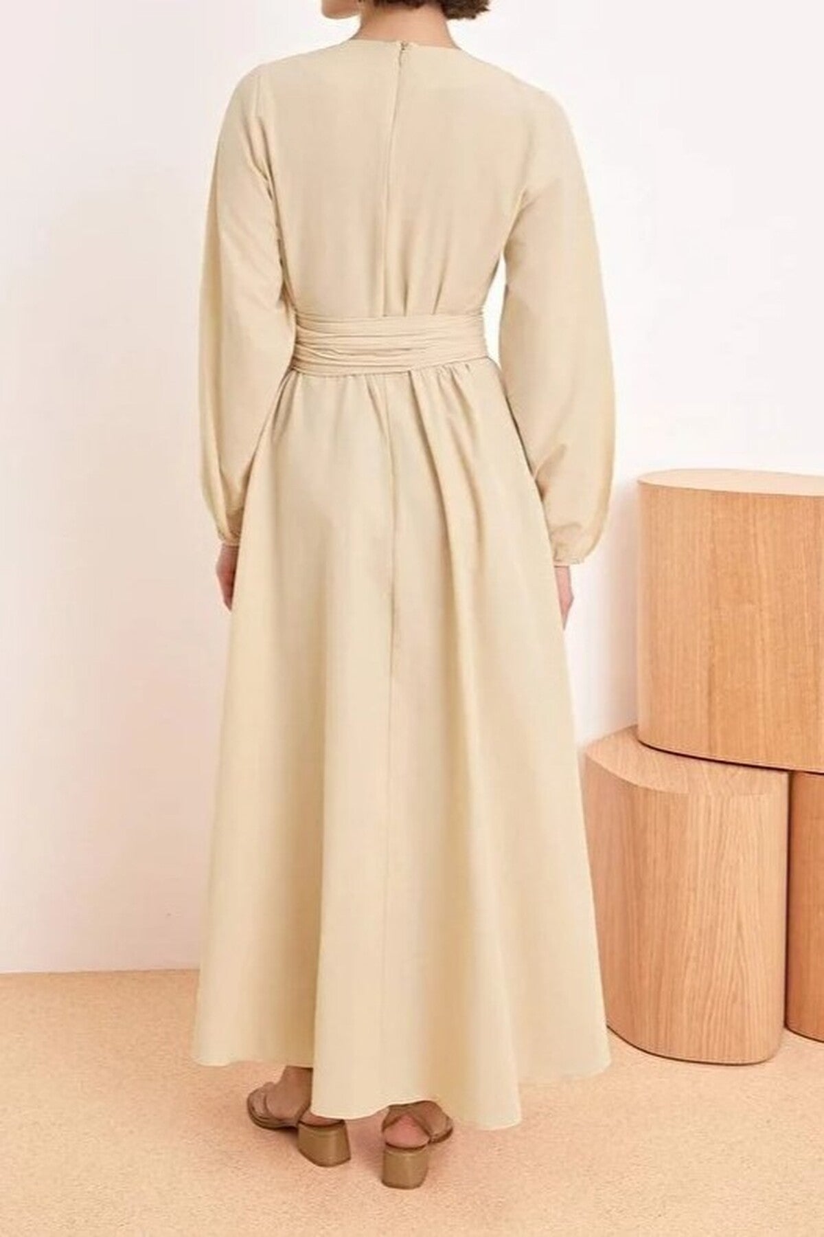 Unlined Pleated Belt Buckle Detail Woven Dress