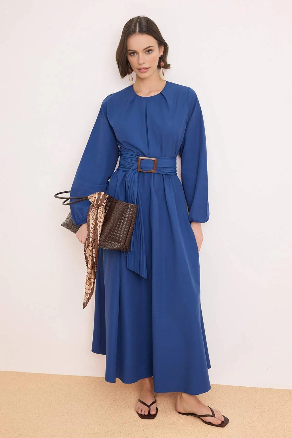 Unlined Pleated Belt Buckle Detail Woven Dress