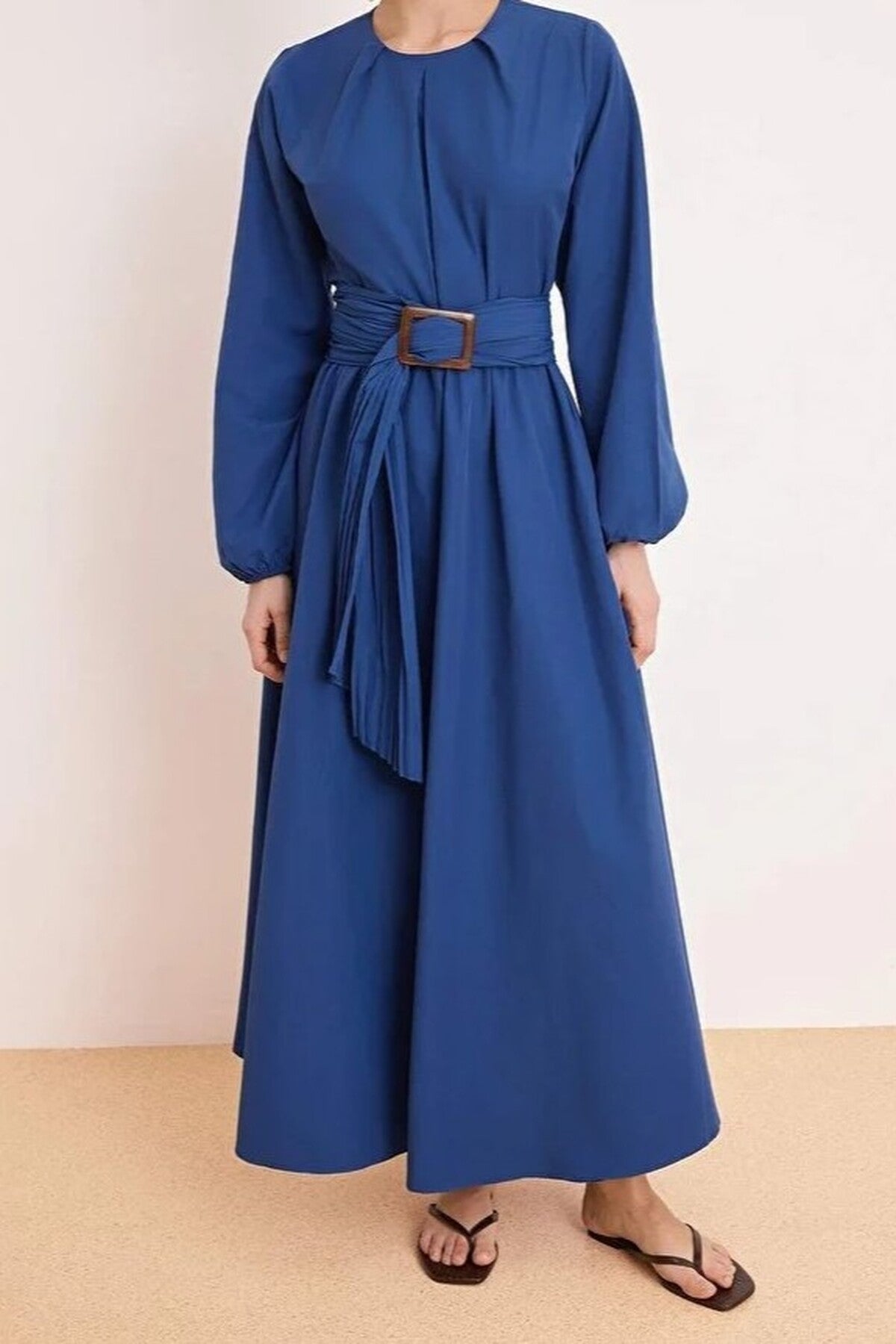 Unlined Pleated Belt Buckle Detail Woven Dress