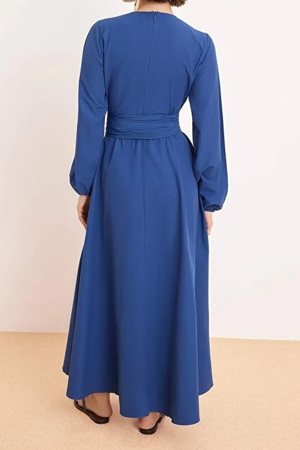 Unlined Pleated Belt Buckle Detail Woven Dress