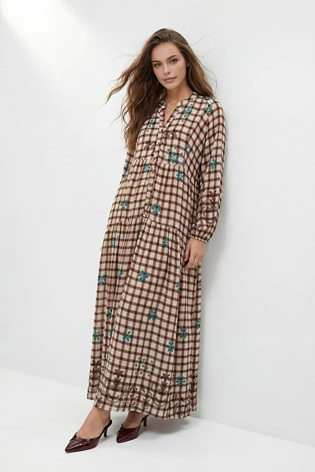 Plaid Floral Pattern Woven Dress