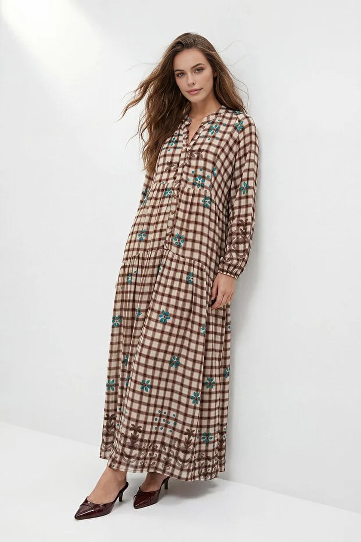 Plaid Floral Pattern Woven Dress