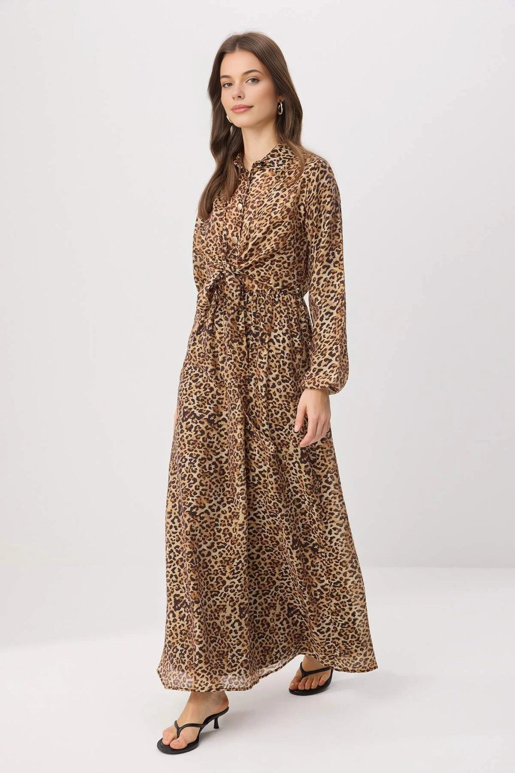 Gold Button Shirt Collar Balloon Sleeve Maxi Dress