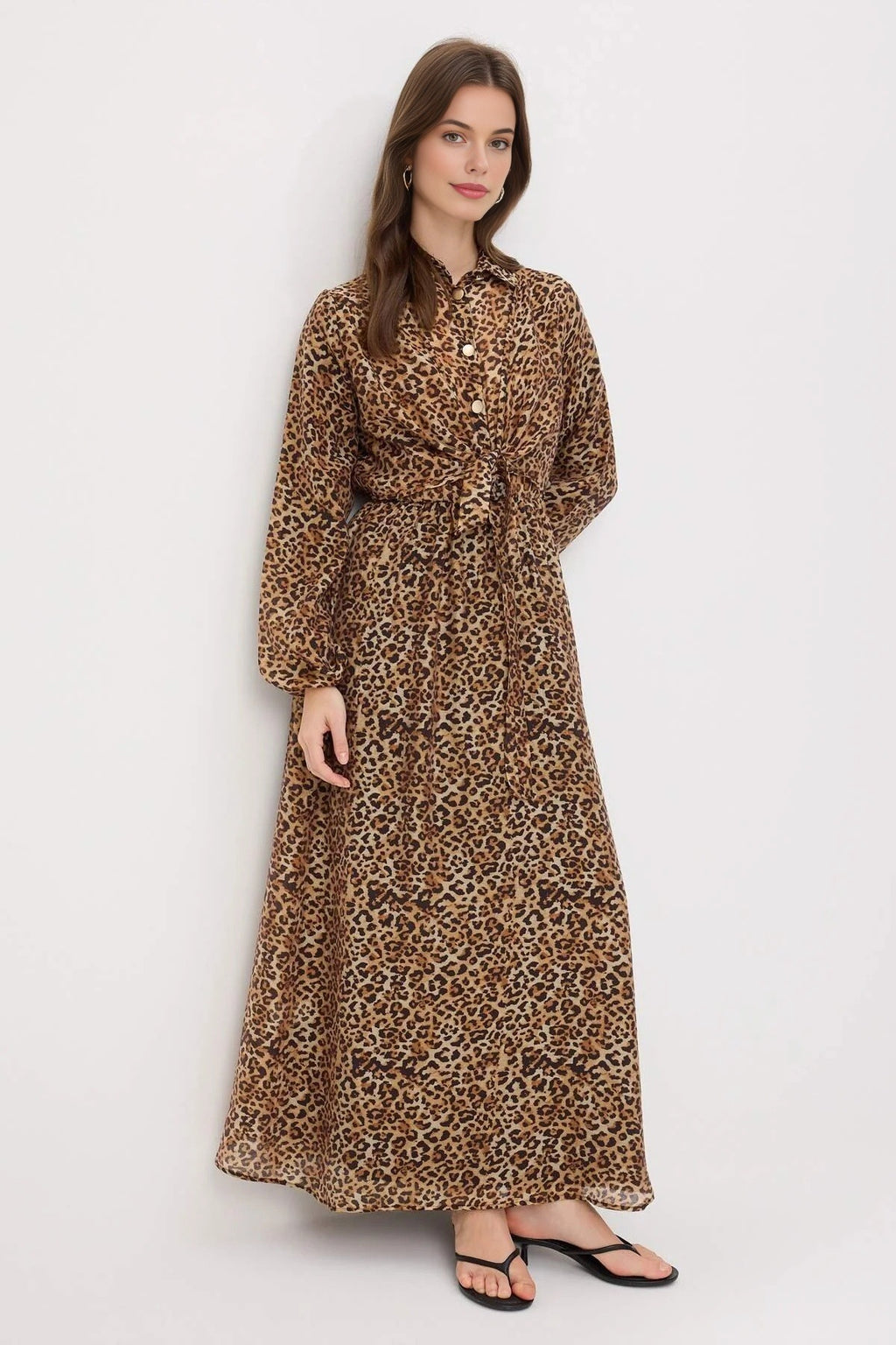 Gold Button Shirt Collar Balloon Sleeve Maxi Dress