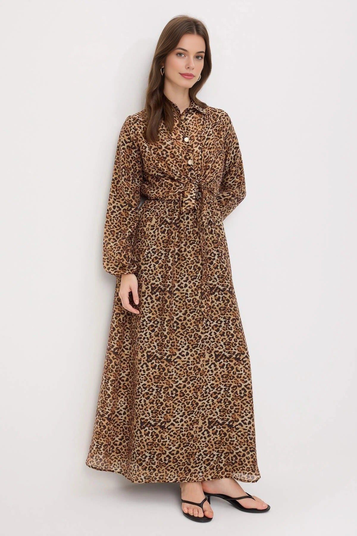 Gold Button Shirt Collar Balloon Sleeve Maxi Dress