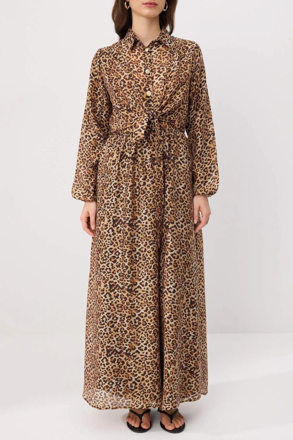 Gold Button Shirt Collar Balloon Sleeve Maxi Dress