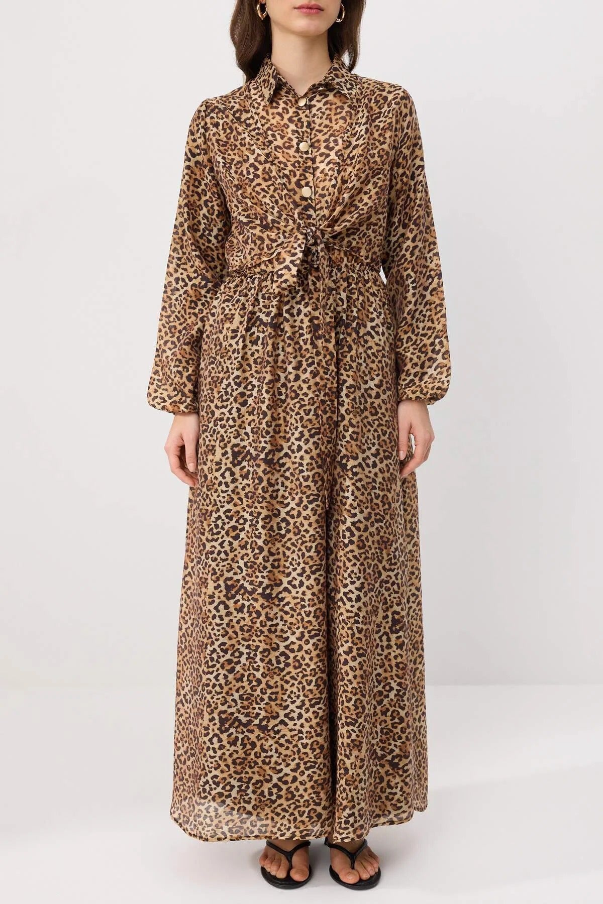 Gold Button Shirt Collar Balloon Sleeve Maxi Dress