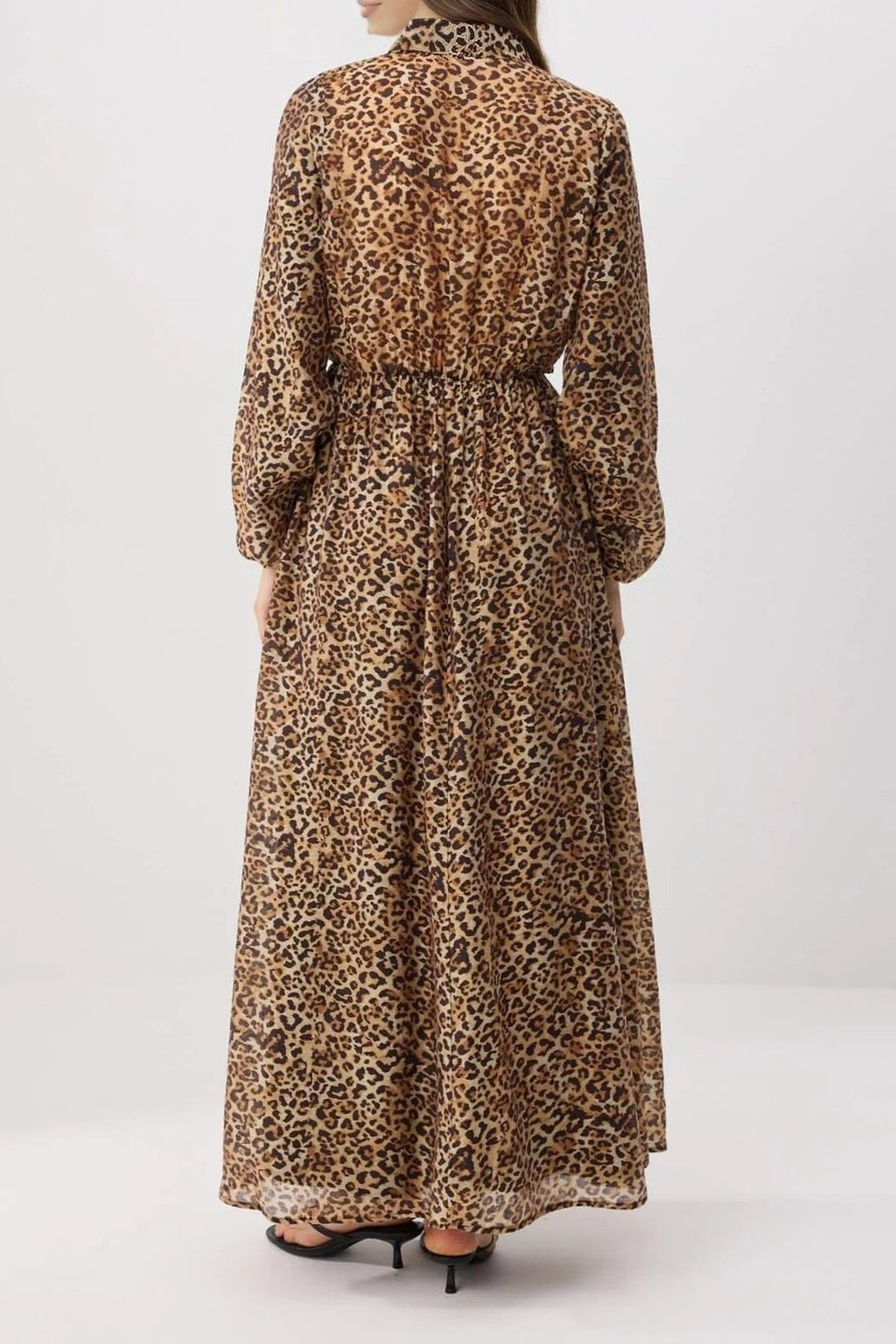 Gold Button Shirt Collar Balloon Sleeve Maxi Dress