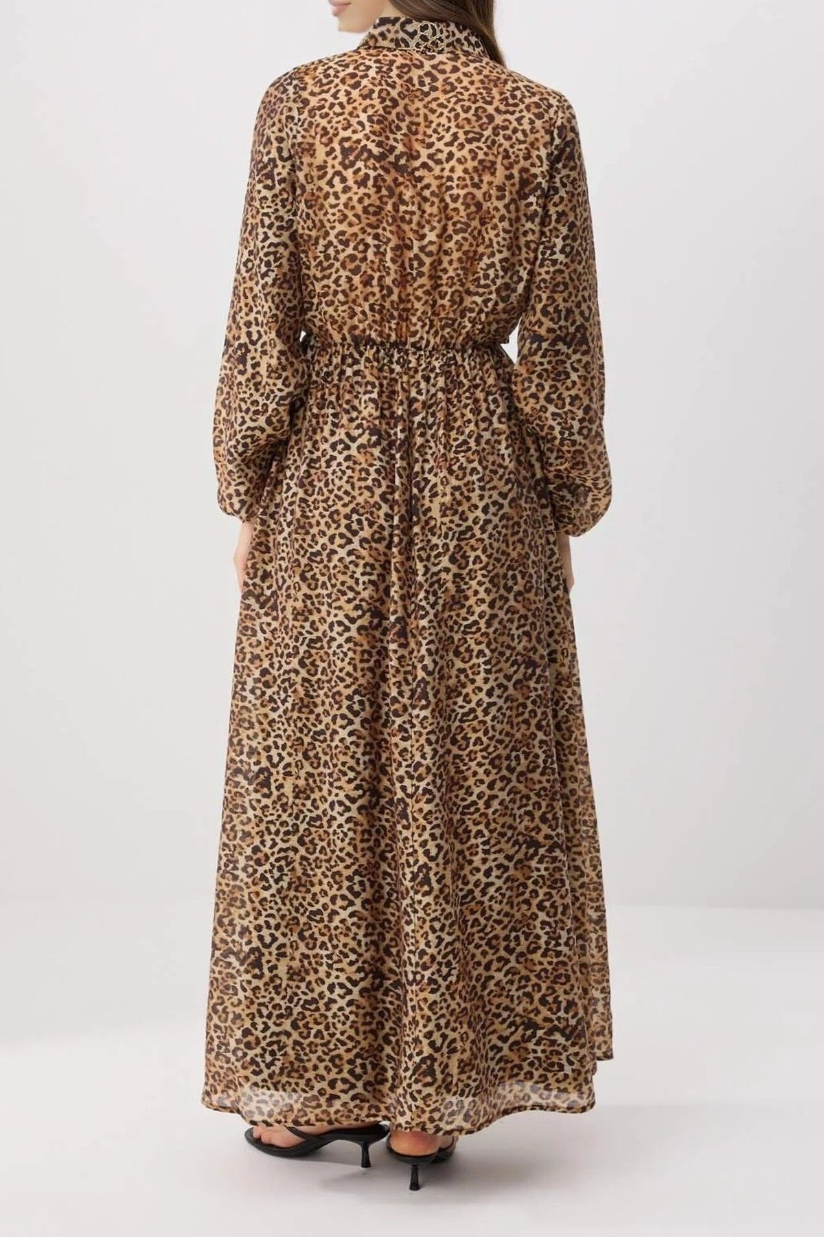 Gold Button Shirt Collar Balloon Sleeve Maxi Dress