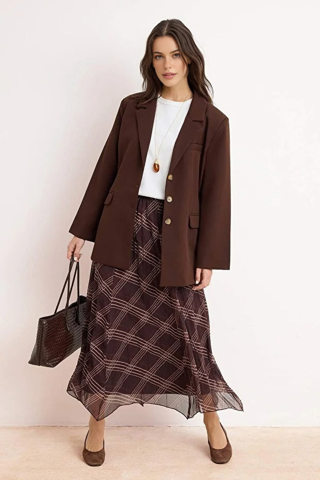 Chiffon Lined Asymmetrical Maxi Skirt with Elastic Waist and Plaid Hem