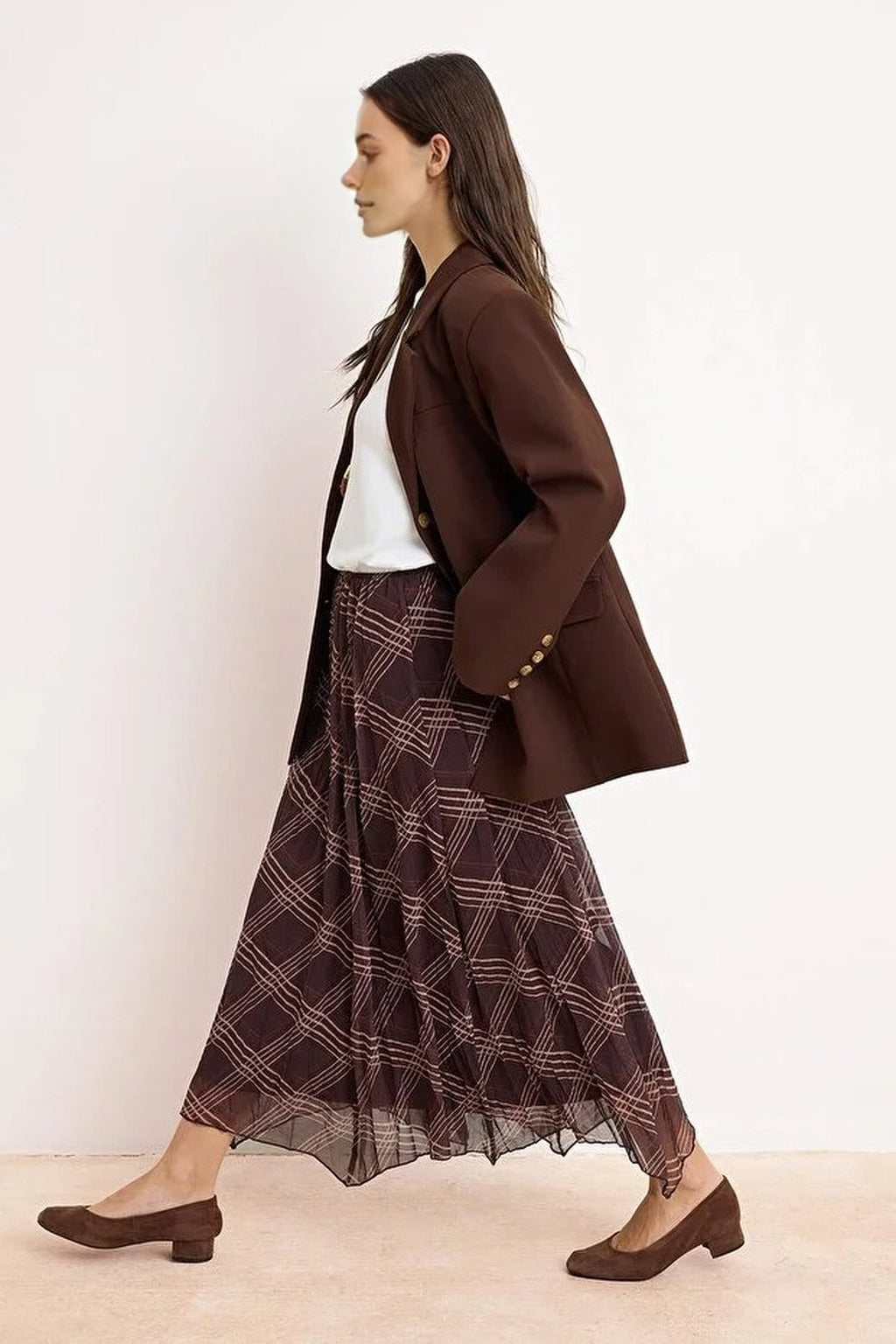 Chiffon Lined Asymmetrical Maxi Skirt with Elastic Waist and Plaid Hem