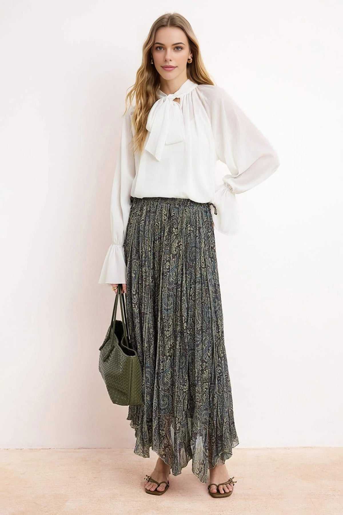 Chiffon Pleated Lined Ethnic Pattern Maxi Skirt