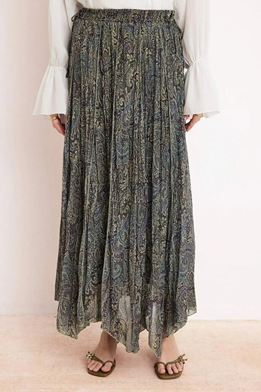 Chiffon Pleated Lined Ethnic Pattern Maxi Skirt