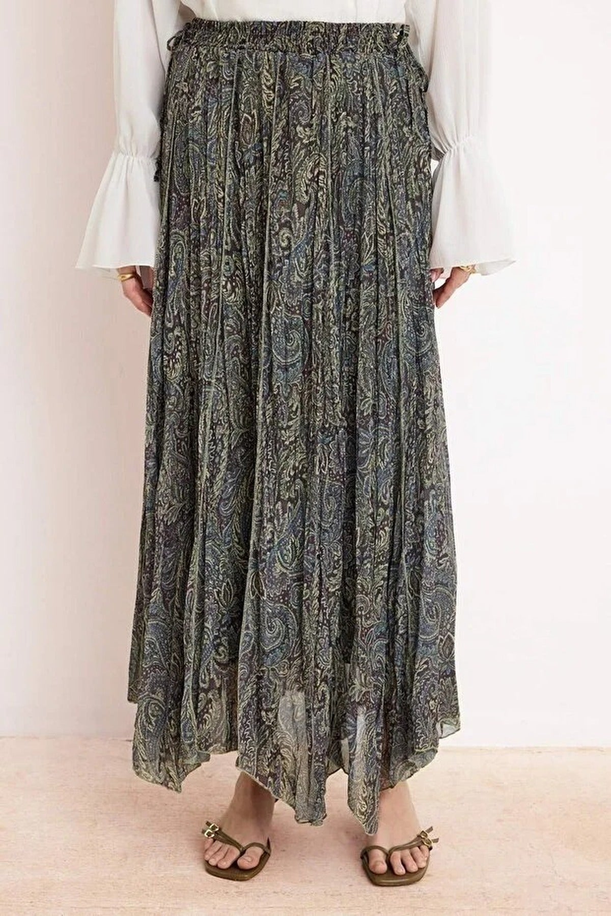 Chiffon Pleated Lined Ethnic Pattern Maxi Skirt