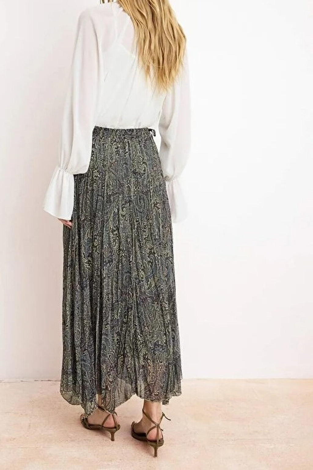 Chiffon Pleated Lined Ethnic Pattern Maxi Skirt