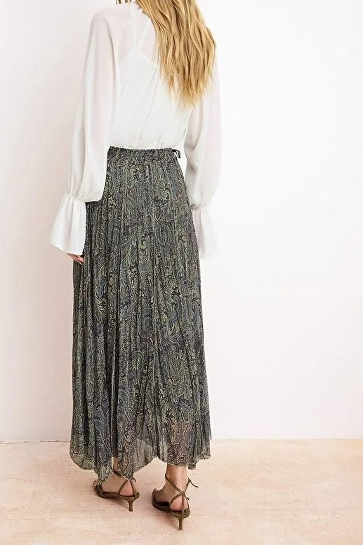Chiffon Pleated Lined Ethnic Pattern Maxi Skirt