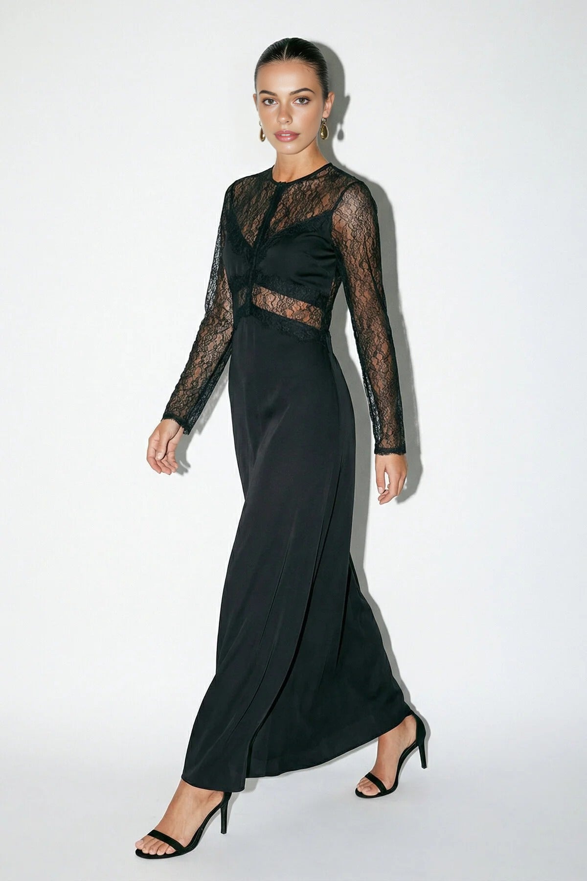 Satin Long Dress with Lace Details