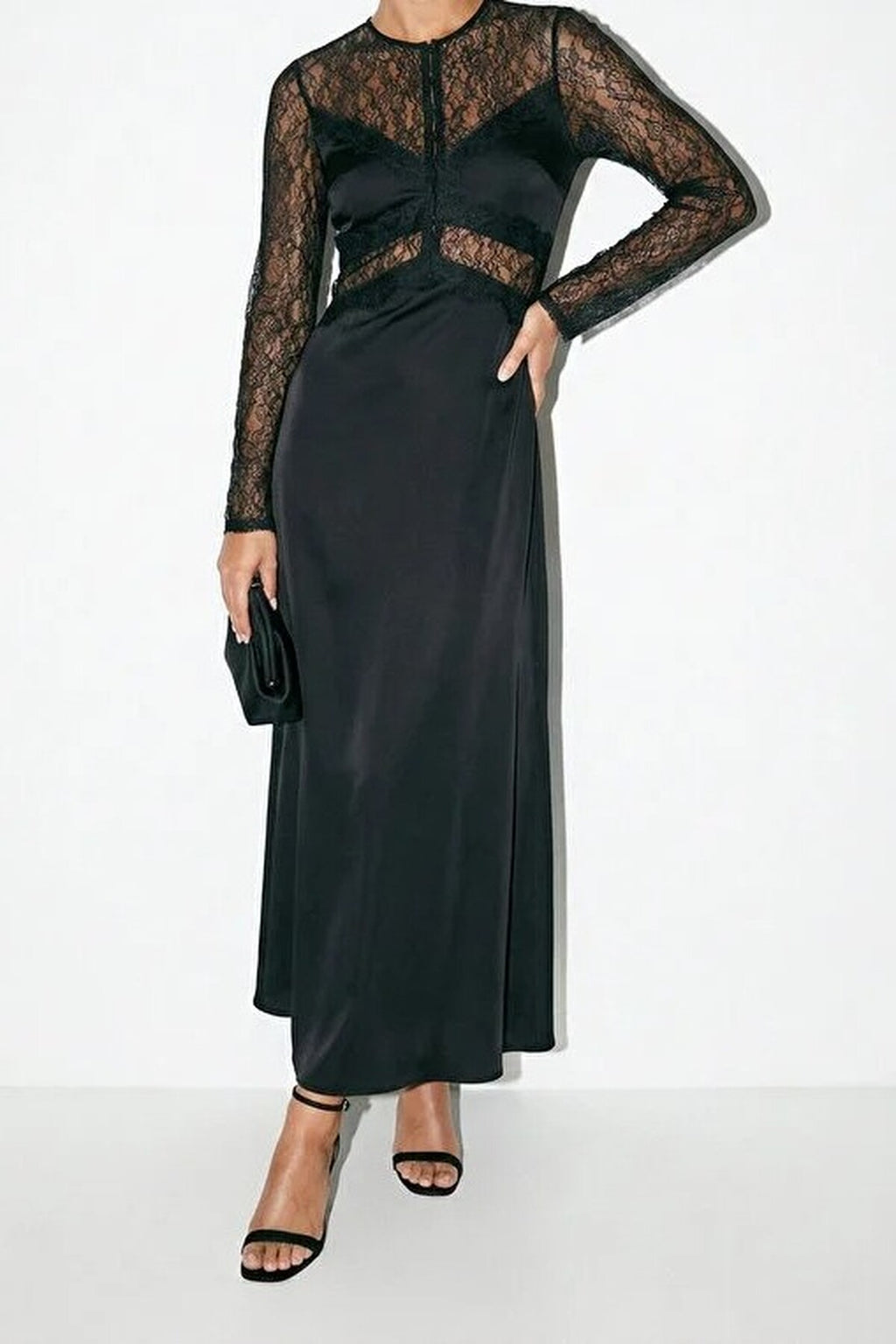Satin Long Dress with Lace Details