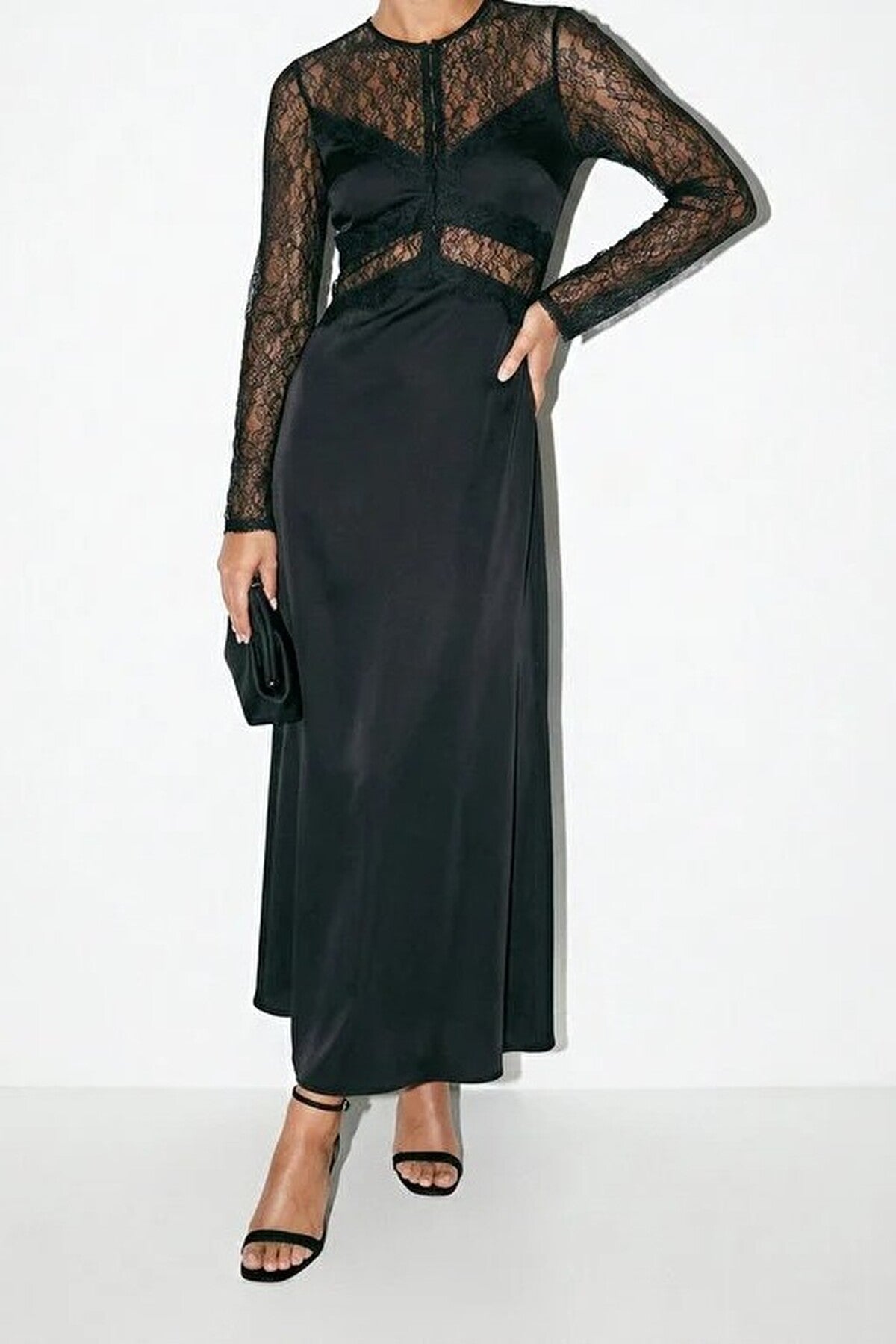 Satin Long Dress with Lace Details