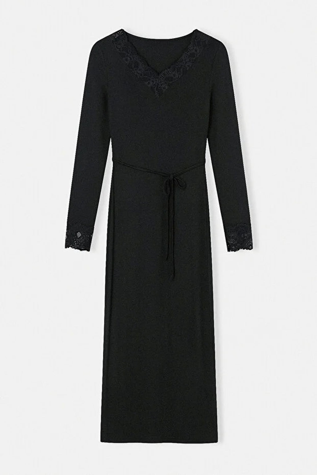 V Neck Long Belted Lace Detail Dress