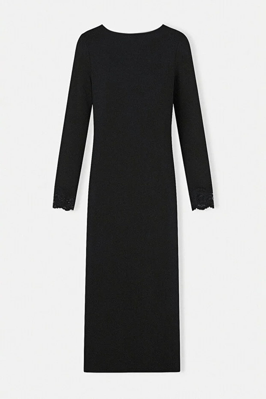 V Neck Long Belted Lace Detail Dress