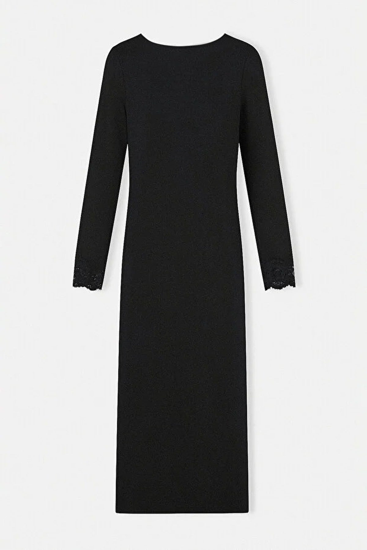 V Neck Long Belted Lace Detail Dress