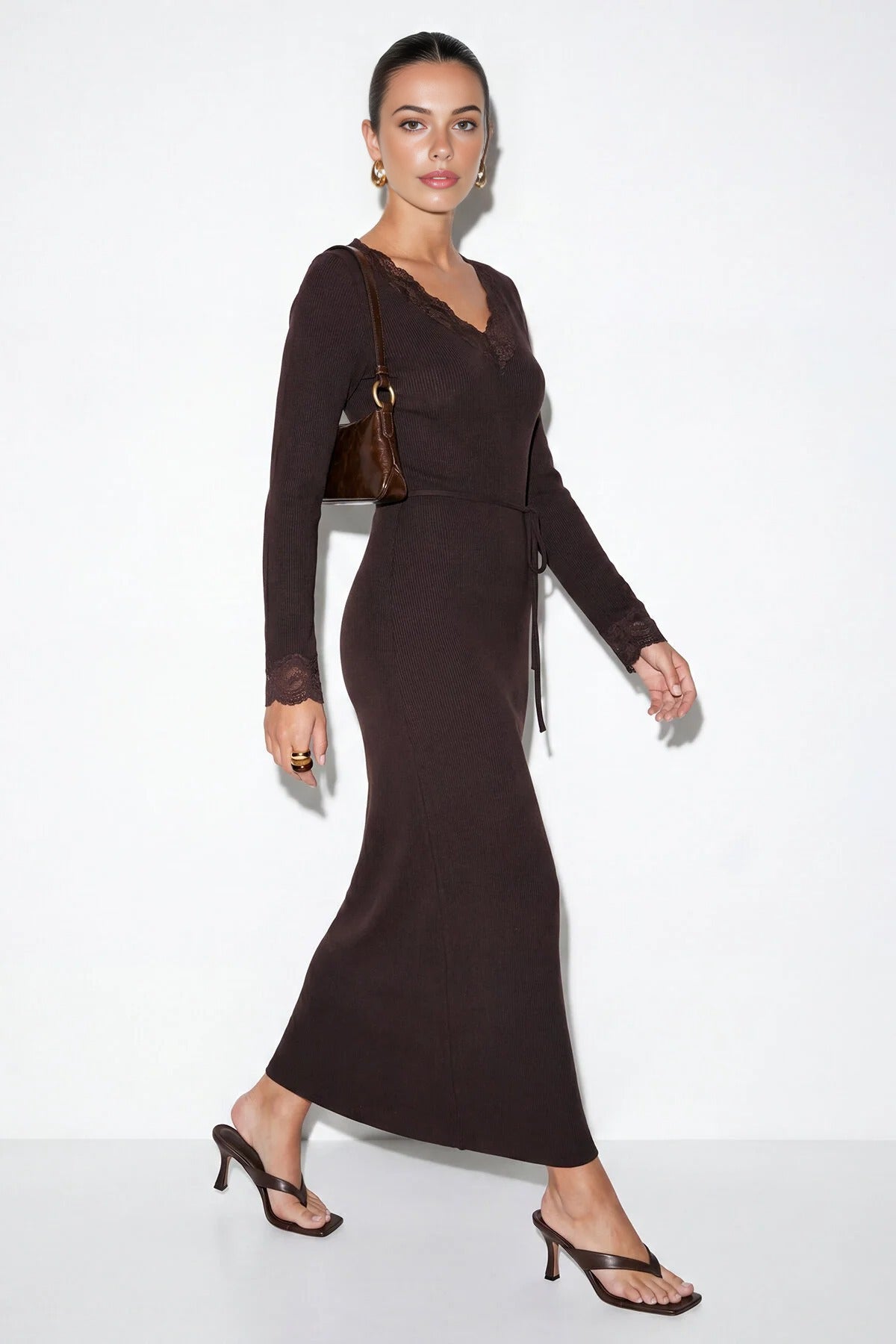 V Neck Long Belted Lace Detail Dress