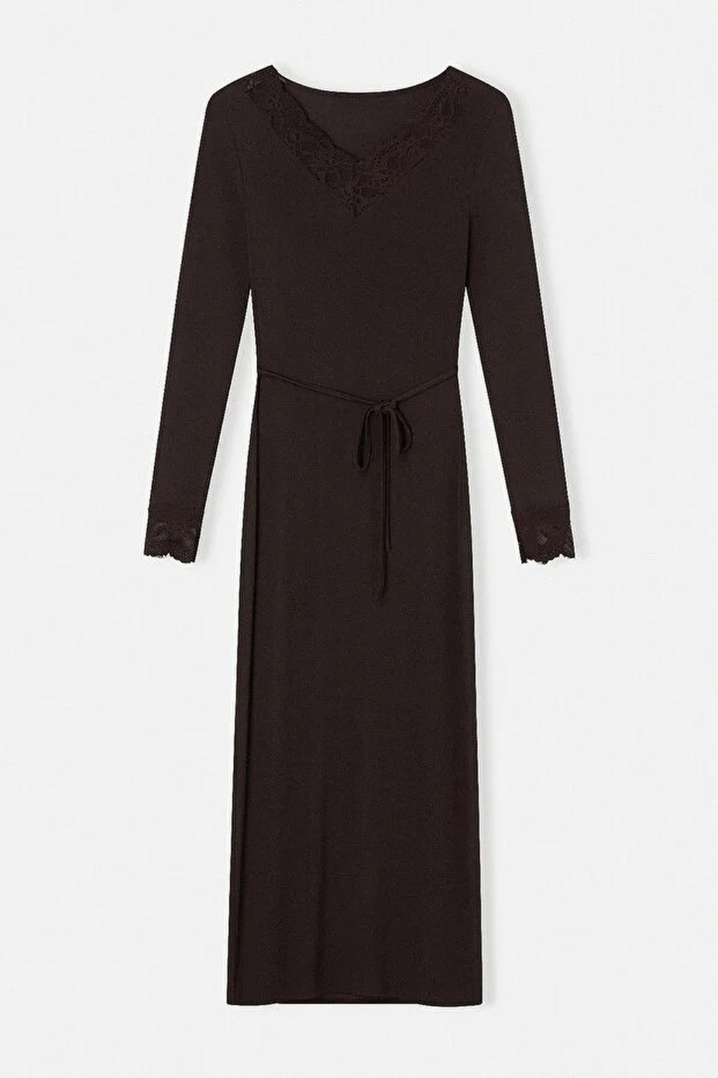 V Neck Long Belted Lace Detail Dress