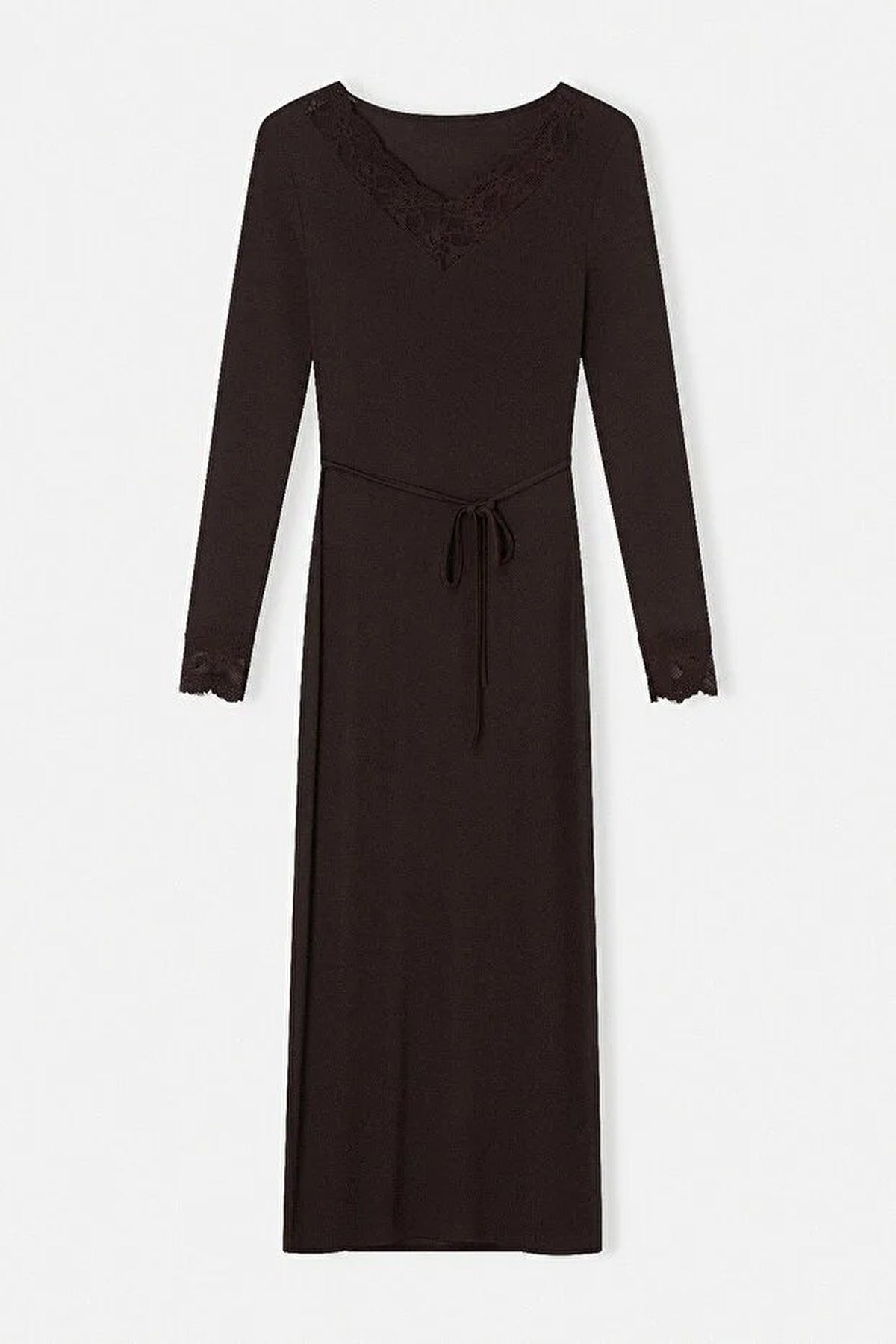 V Neck Long Belted Lace Detail Dress