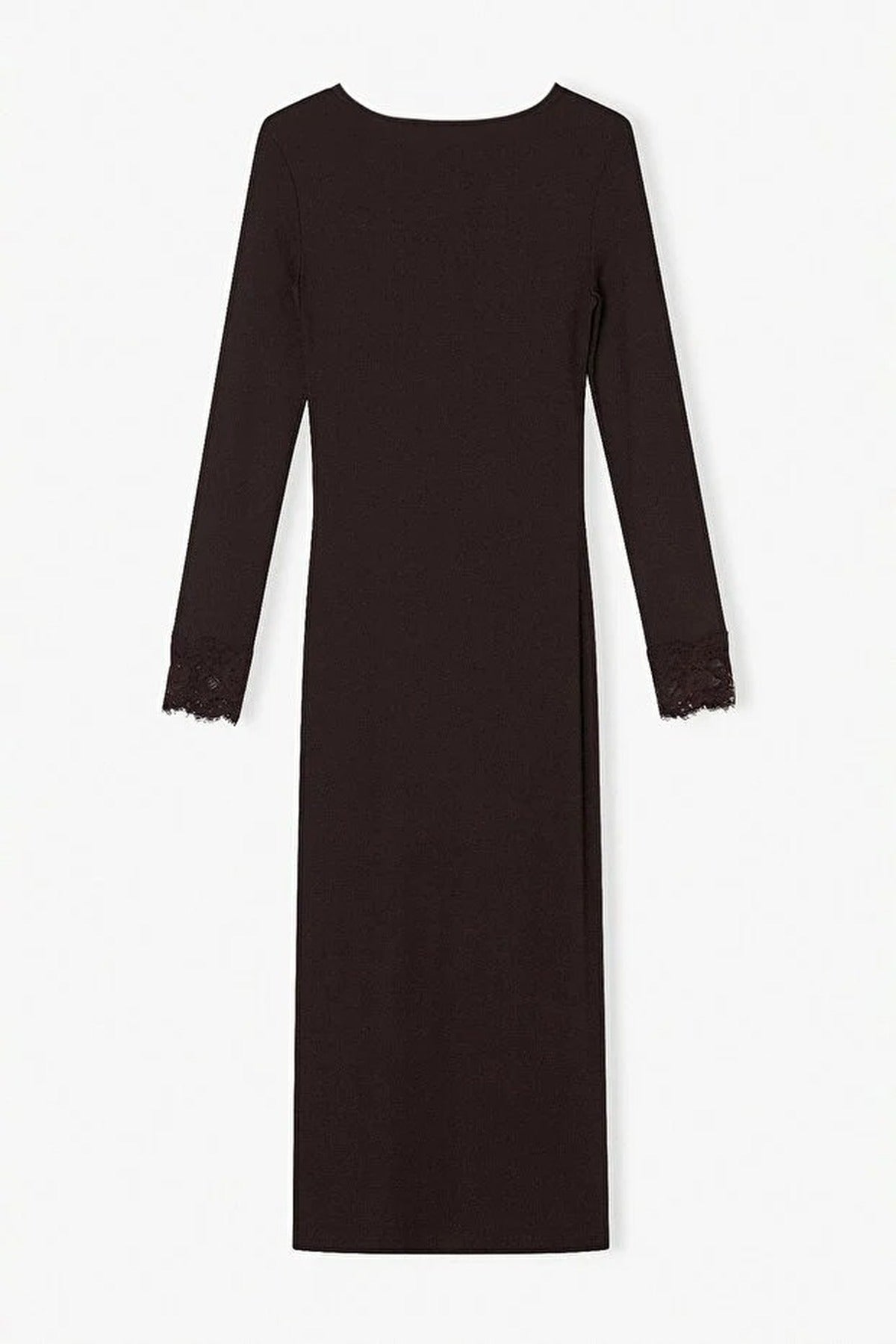 V Neck Long Belted Lace Detail Dress