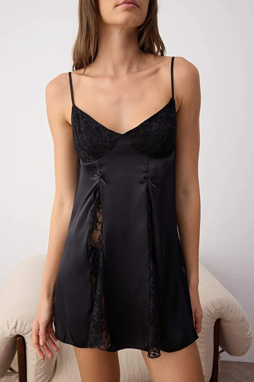 Lace and Ribbon Detail Strappy Satin Woven Nightdress