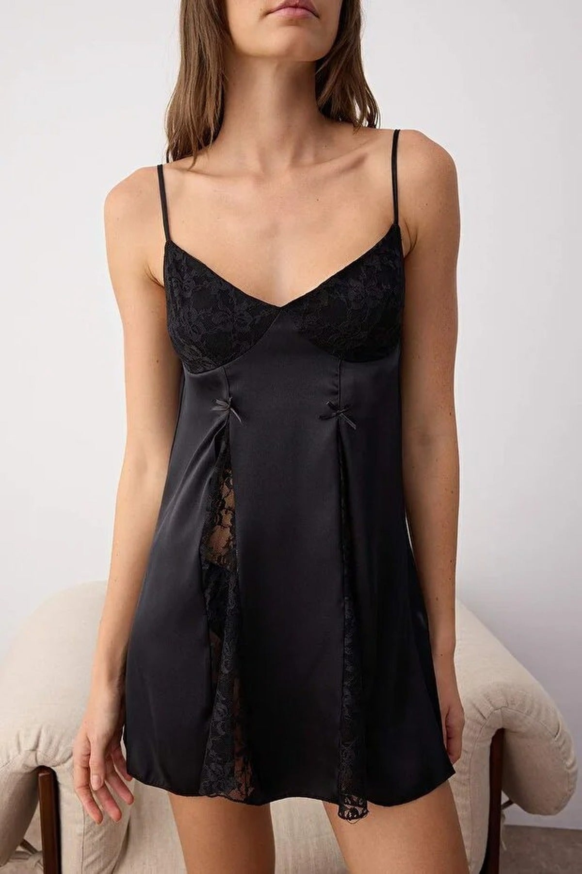 Lace and Ribbon Detail Strappy Satin Woven Nightdress