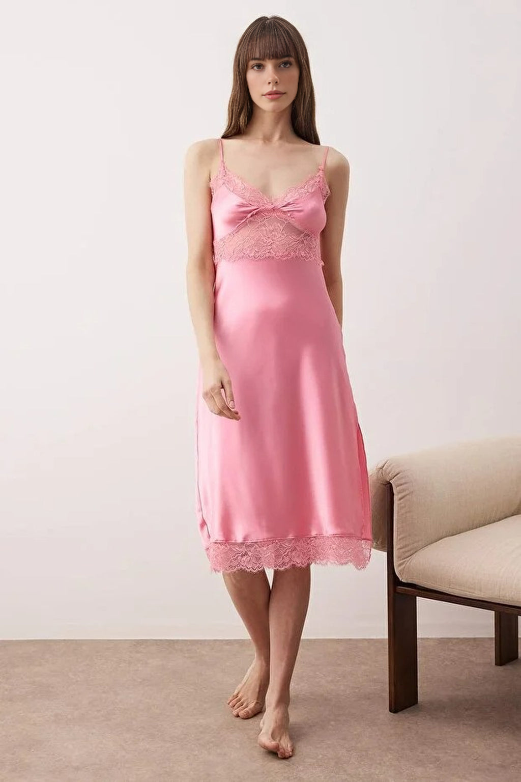 Lace and Slit Detail Satin Woven Nightdress