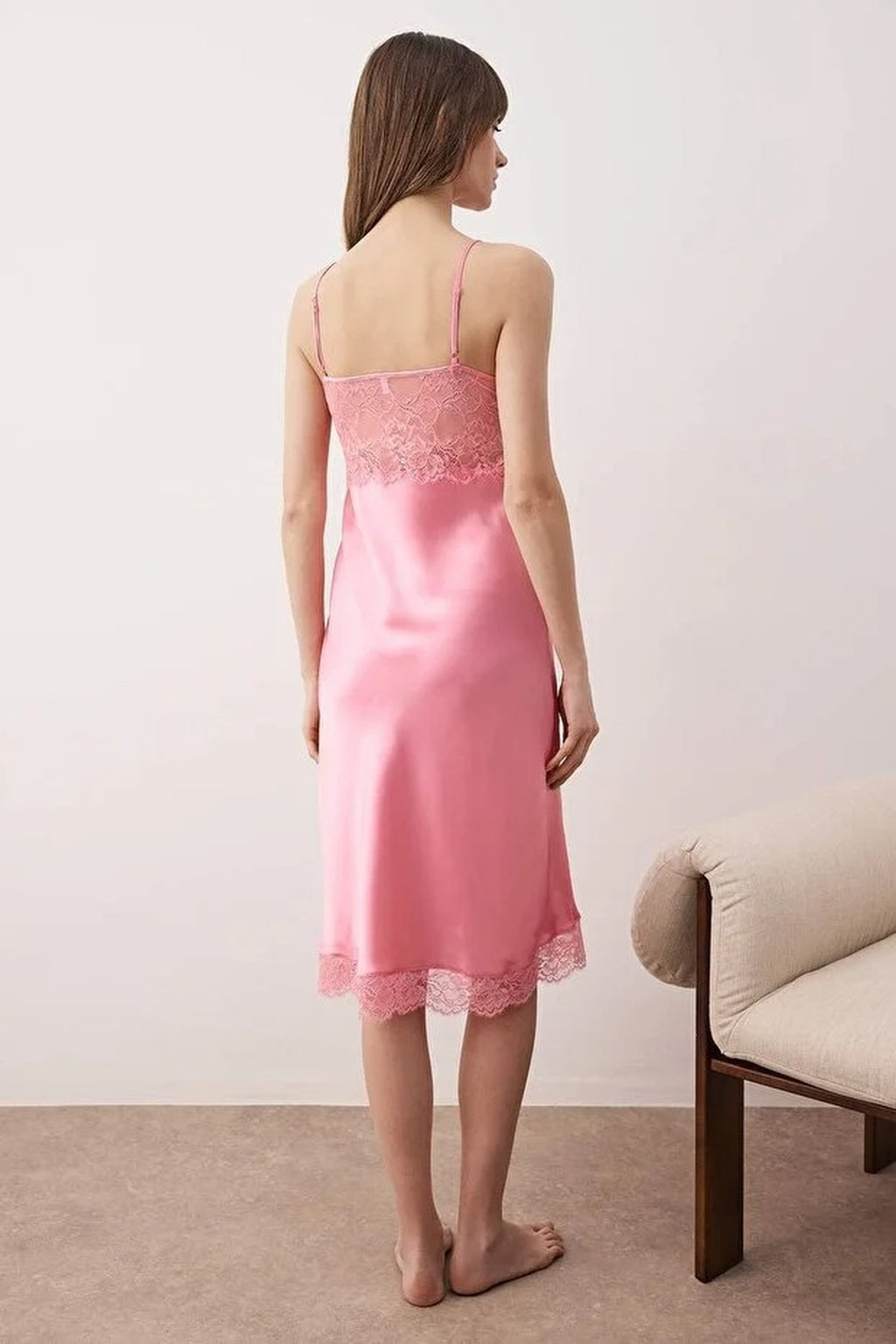 Lace and Slit Detail Satin Woven Nightdress