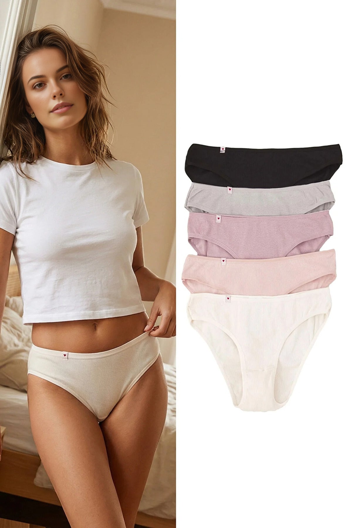 5-Pack Cotton Ribbed Classic Knitted Panties with Heart Label Detail