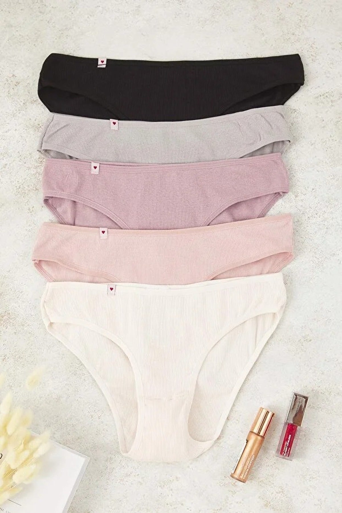 5-Pack Cotton Ribbed Classic Knitted Panties with Heart Label Detail