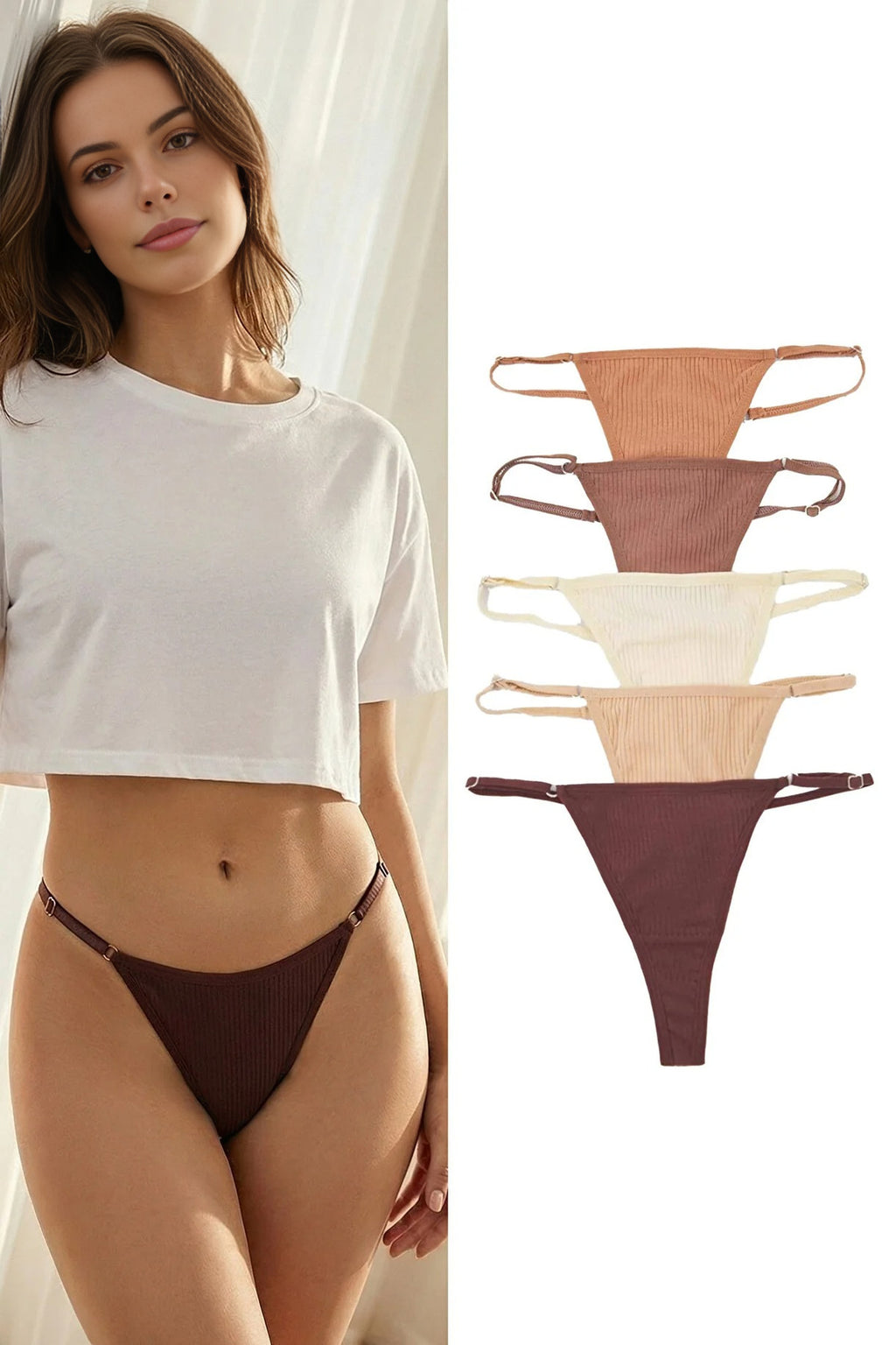 5-Pack Adjustable Waist Ribbed Knit Thong Panties
