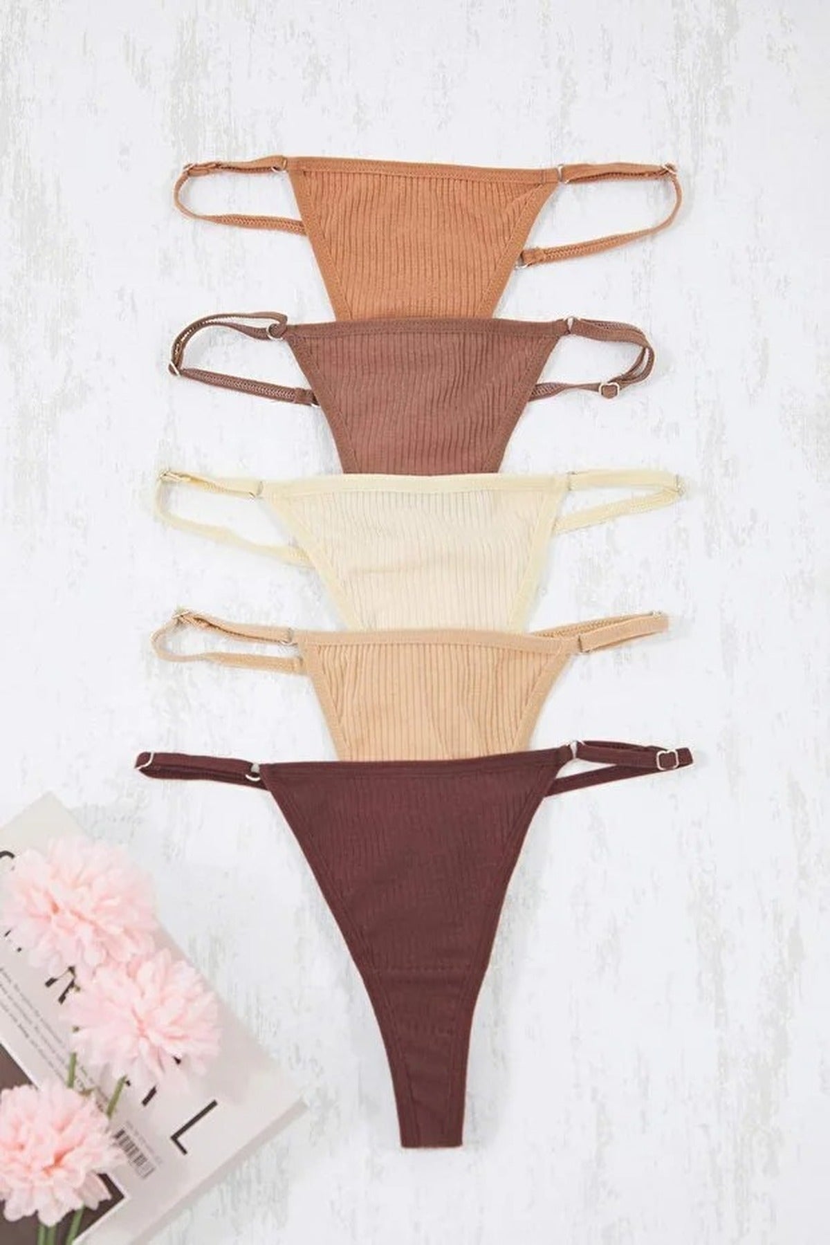 5-Pack Adjustable Waist Ribbed Knit Thong Panties