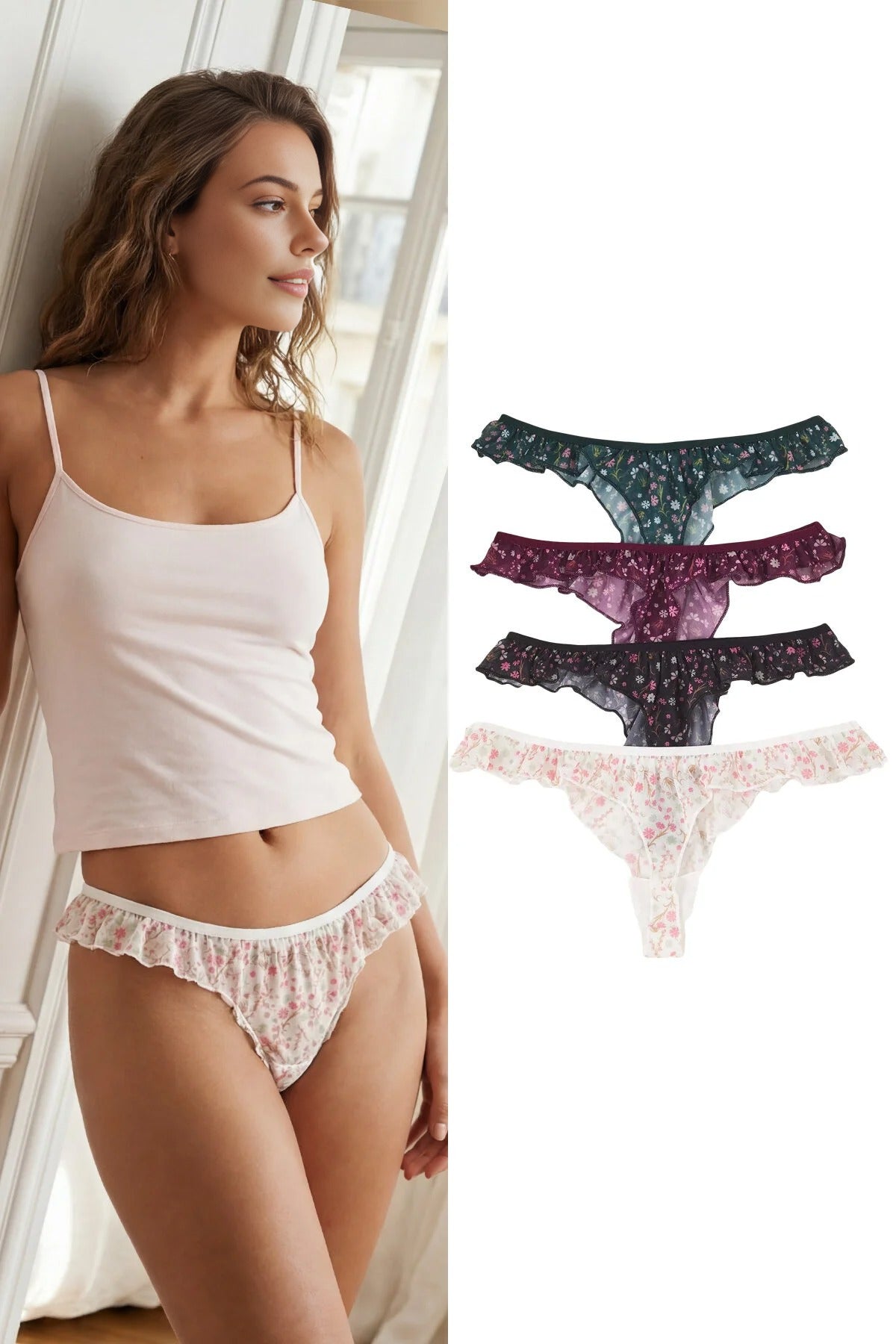 4-Pack Tulle Flower Thong Knitted Panties