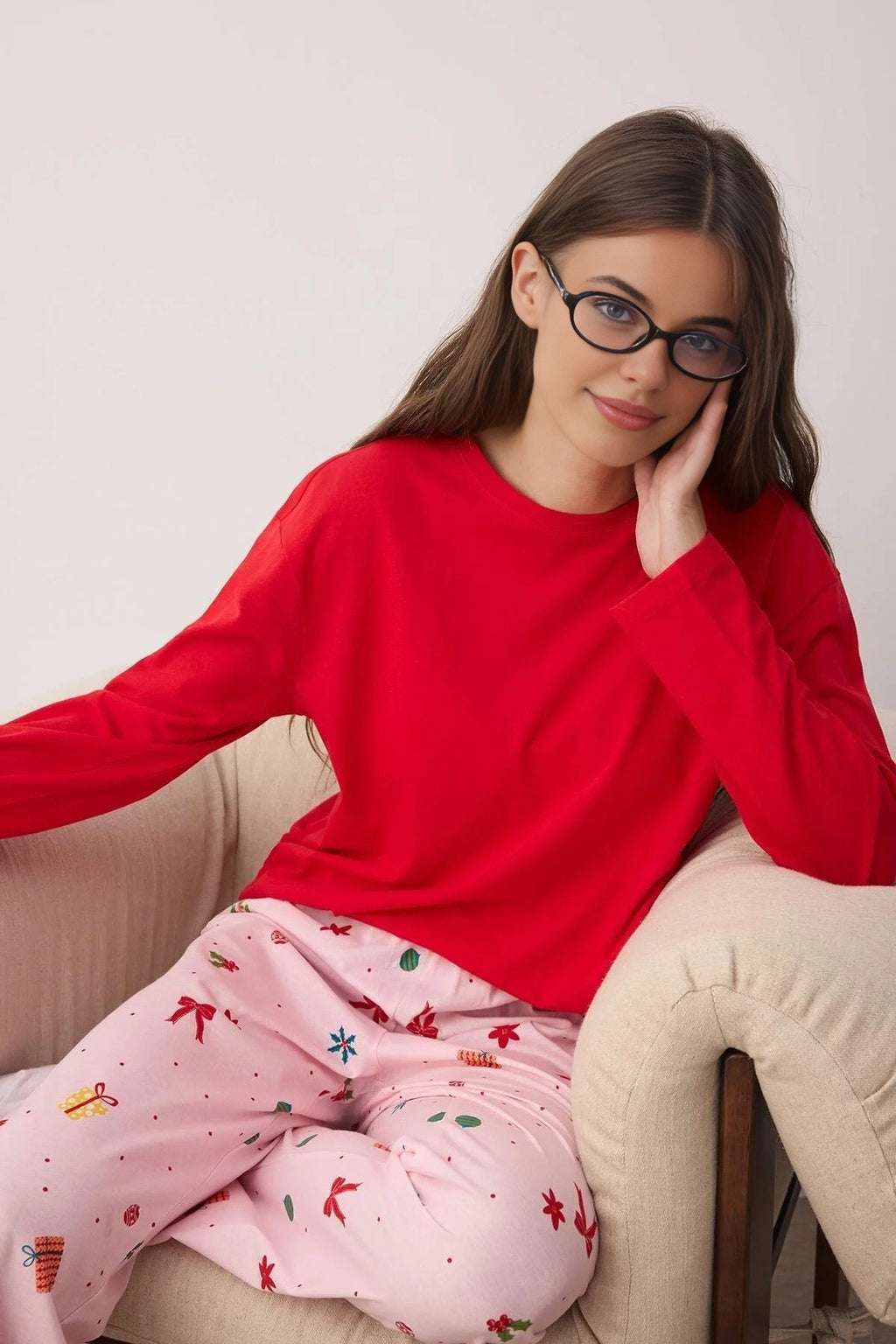 Crew Neck Long Sleeve T-Shirt and Trousers Pyjama Set